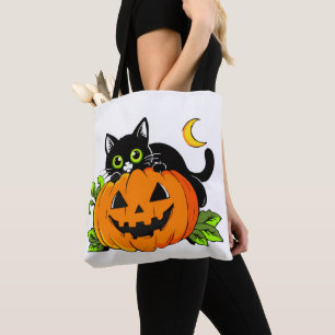 Süße schwarze Katze auf Halloween-Kürbis-Jack-O'-L Tasche