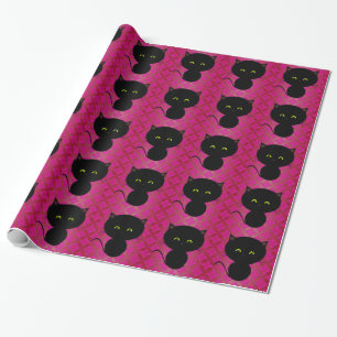 Süße schwarze Katze auf heißrosa Damast Geschenkpapier