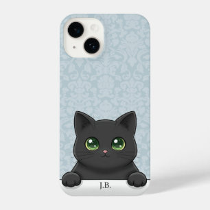 Süße schwarze Katze, die in kawaii Cartoon blau Da iPhone 14 Hülle