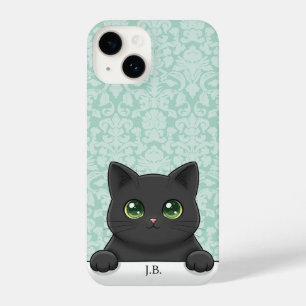 Süße schwarze Katze, die in kawaii Cartoon-Mint-Da iPhone 14 Hülle