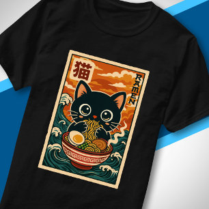 Süße schwarze Katze, die Ramen isst, Retro-Japanis T-Shirt