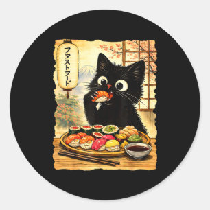 Süße schwarze Katze, die Sushi isst, kawaii japani Runder Aufkleber