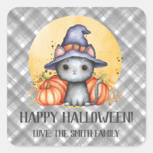 Süße schwarze Katze Frohes Halloween Quadratischer Aufkleber