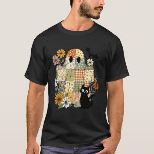 Süße schwarze Katze Geist Patchwork Halloween Kost T-Shirt