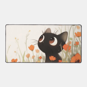 Süße schwarze Katze großes Auge orange Mohn Wiese Schreibtischunterlage
