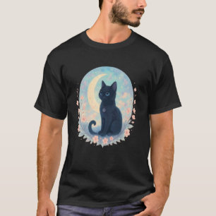 Süße schwarze Katze Halbmond Blumen T-Shirt