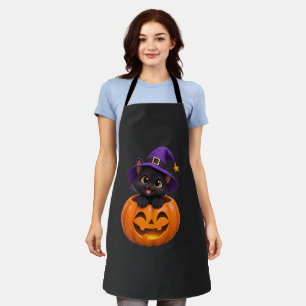 Süße schwarze Katze Halloween Hexe Kürbis Aufklebe Schürze