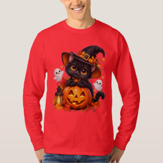 Süße schwarze Katze Halloween-Kürbis Langarm T-Shi T-Shirt
