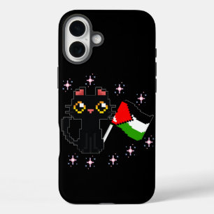 Süße schwarze Katze hält die Palästina-Flagge iPhone 16 Plus Hülle