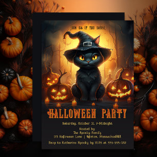 Süße schwarze Katze Hexenhut Kürbis Halloween-Part Einladung