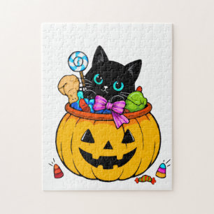 Süße schwarze Katze im Jack-O'-Lantern-Kürbis Hall Puzzle