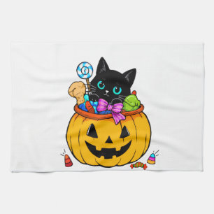 Süße schwarze Katze im Kürbis-Eimer Halloween-Süßi Geschirrtuch