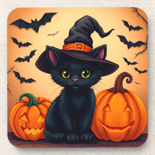 Süße schwarze Katze in einem Hexenhut, umgeben von Getränkeuntersetzer
