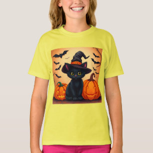 Süße schwarze Katze in einem Hexenhut, umgeben von T-Shirt