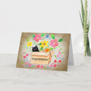 Süße schwarze Katze in einer Box Blumen zur Gratul Karte