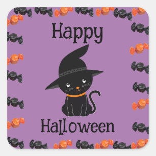 Süße schwarze Katze in Hexenhut Frohes Halloween L Quadratischer Aufkleber