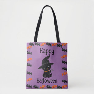 Süße schwarze Katze in Hexenhut Frohes Halloween L Tasche