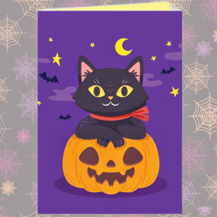 Süße schwarze Katze in Jack-o'-Lantern Halloween Karte