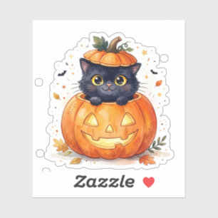Süße schwarze Katze in Kürbis-Jack-O-Lantern-Hallo Aufkleber