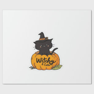 Süße schwarze Katze in Kürbis mit Hexenhut, Kawaii Geschenkpapier