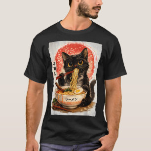 Süße schwarze Katze isst Ramen Kawaii Anime-Katze T-Shirt