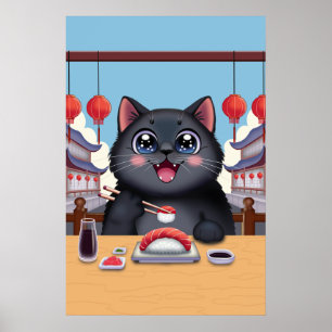 Süße schwarze Katze isst Sushi Japan Kawaii Poster