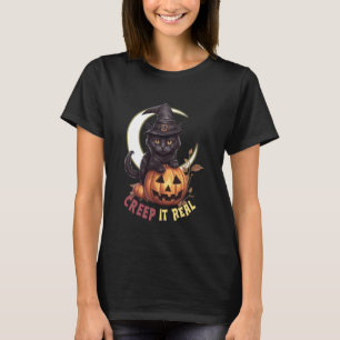 Süße schwarze Katze Kürbis Grusel-Crescent-Mond T-Shirt