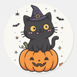 Süße schwarze Katze Kürbis Hexe Halloween Aufklebe Runder Aufkleber