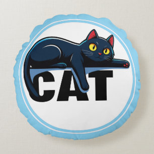 Süße schwarze Katze mit blauem Rahmen Rund Wurf Ki Rundes Kissen