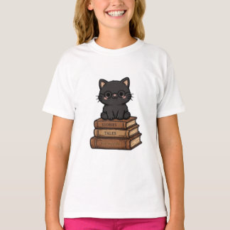Süße schwarze Katze mit Brille auf Büchern - Büche T-Shirt