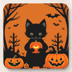 Süße schwarze Katze mit Halloween-Kürbissen Getränkeuntersetzer