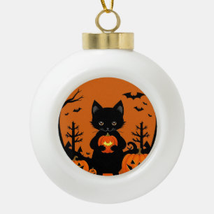 Süße schwarze Katze mit Halloween-Kürbissen Keramik Kugel-Ornament