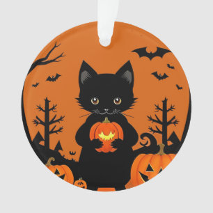 Süße schwarze Katze mit Halloween-Kürbissen Ornament