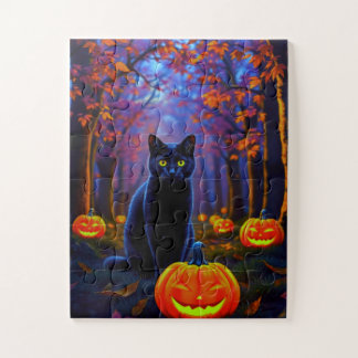 Süße schwarze Katze mit Halloween-Kürbissen Puzzle