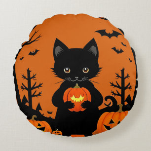 Süße schwarze Katze mit Halloween-Kürbissen Rundes Kissen