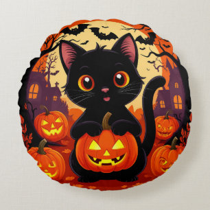 Süße schwarze Katze mit Halloween-Kürbissen Rundes Kissen