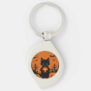 Süße schwarze Katze mit Halloween-Kürbissen Schlüsselanhänger