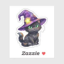 Süße schwarze Katze mit Hexenhut Halloween-Aufkleb Aufkleber