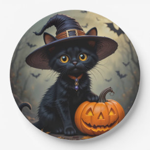 Süße schwarze Katze mit Hexenhut Pappteller
