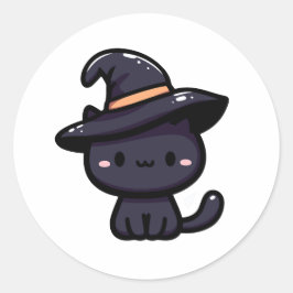 Süße Schwarze Katze mit Hexenhut Runder Aufkleber