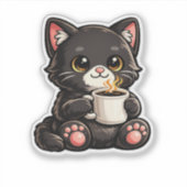 Süße schwarze Katze mit Kaffee Aufkleber (Vorderseite)