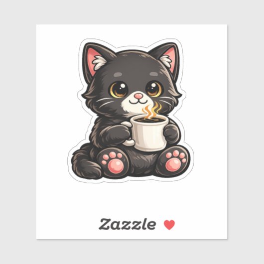Süße schwarze Katze mit Kaffee Aufkleber (Blatt)