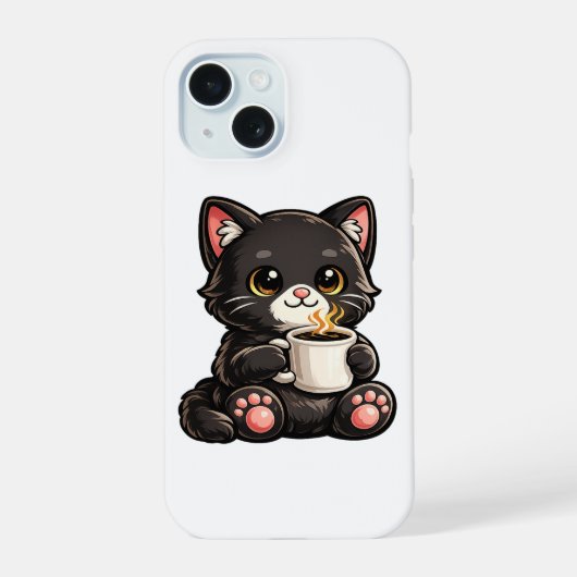 Süße schwarze Katze mit Kaffee iPhone 15 Hülle (Rückseite)
