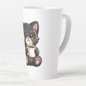 Süße schwarze Katze mit Kaffee Milchtasse (Rechte Ecke)