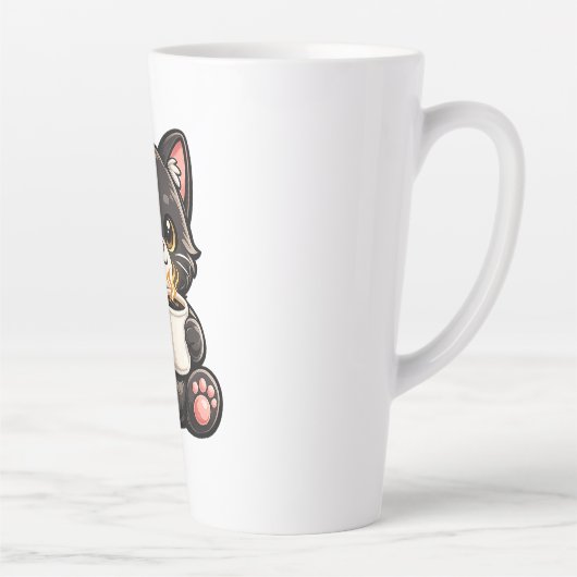 Süße schwarze Katze mit Kaffee Milchtasse (Rechts)