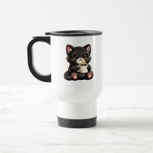 Süße schwarze Katze mit Kaffee Reisebecher (Links)