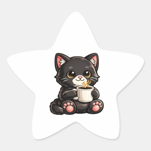 Süße schwarze Katze mit Kaffee Stern-Aufkleber (Vorderseite)