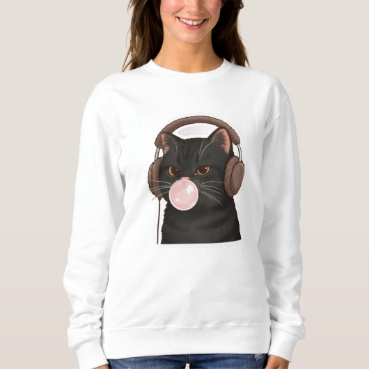 Süße schwarze Katze mit Kopfhörern, die Kaugummi b Sweatshirt (Vorderseite)