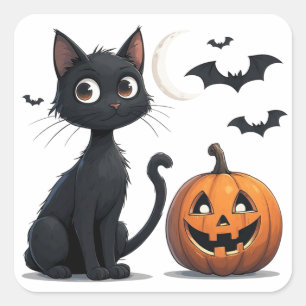 Süße schwarze Katze mit Kürbis Halloween 🎃 Quadratischer Aufkleber
