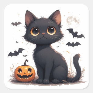 Süße schwarze Katze mit Kürbis Halloween 🎃 Quadratischer Aufkleber